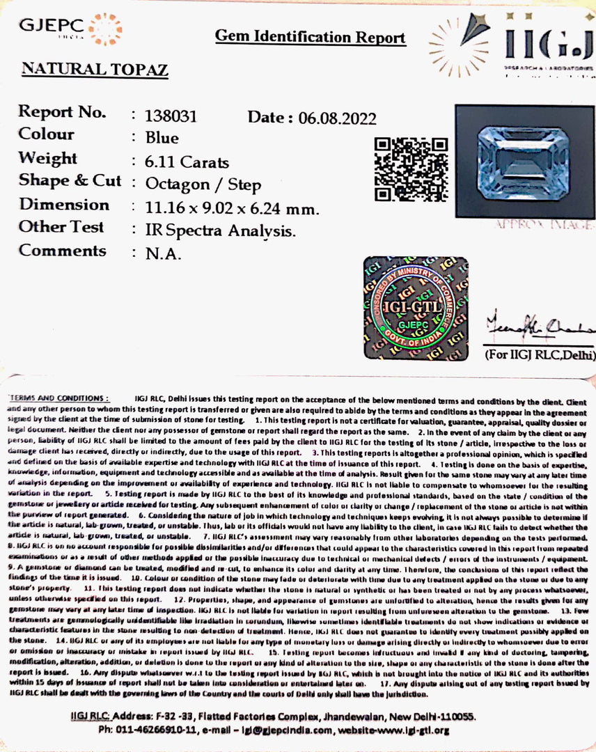6.11/CT Natural Certified Blue Topaz Gemstone -138031