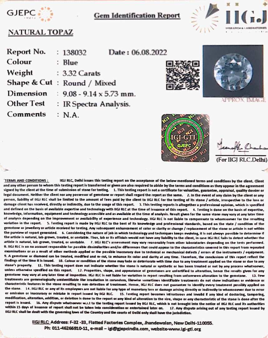 3.32/CT Natural Certified Blue Topaz Gemstone -138032