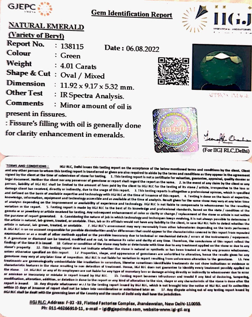 4.01/CT Natural Panna Stone with Govt. Lab Certified (6771)