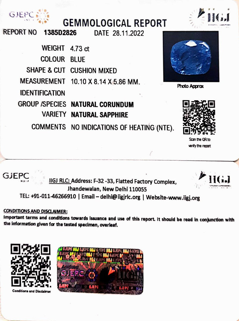 4.73/CT Natural Blue Sapphire with Govt Lab Certificate-BLUSA9U