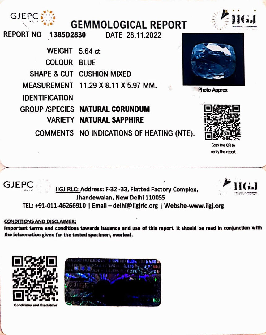 5.64/CT Natural Blue Sapphire with Govt Lab Certificate-BLUSA9U
