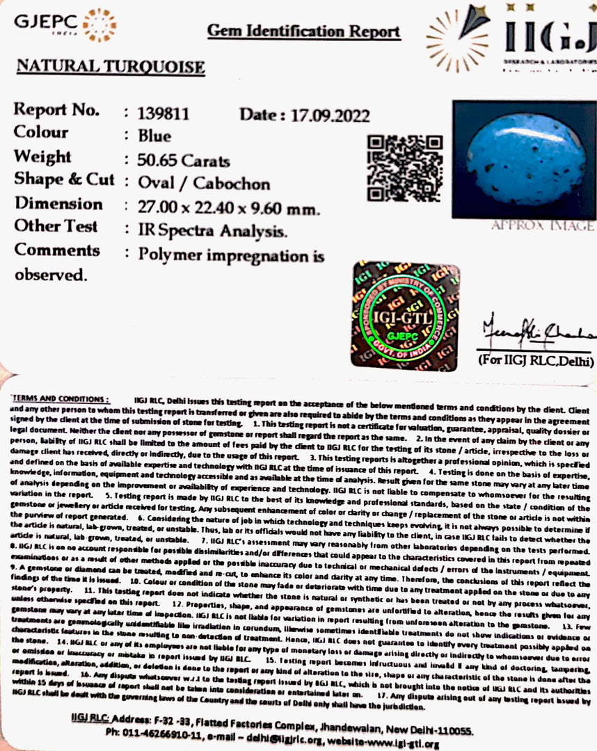 50.65/CT Natural Certified Turquoise Gemstone -139811