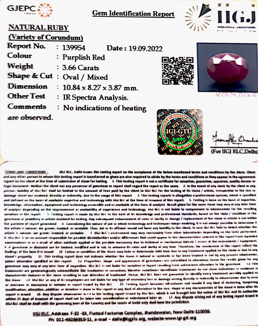 3.66/CT Natural Ruby Stone with Govt. Lab Certificate-139954