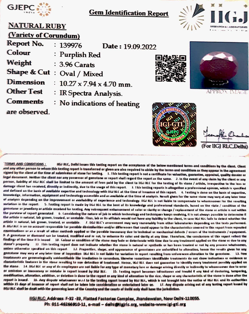 3.96/CT Natural Ruby with Govt Lab Certificate-139976
