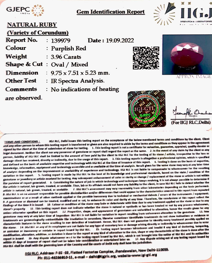 3.96/CT Natural Ruby Stone with Govt. Lab Certificate-139979