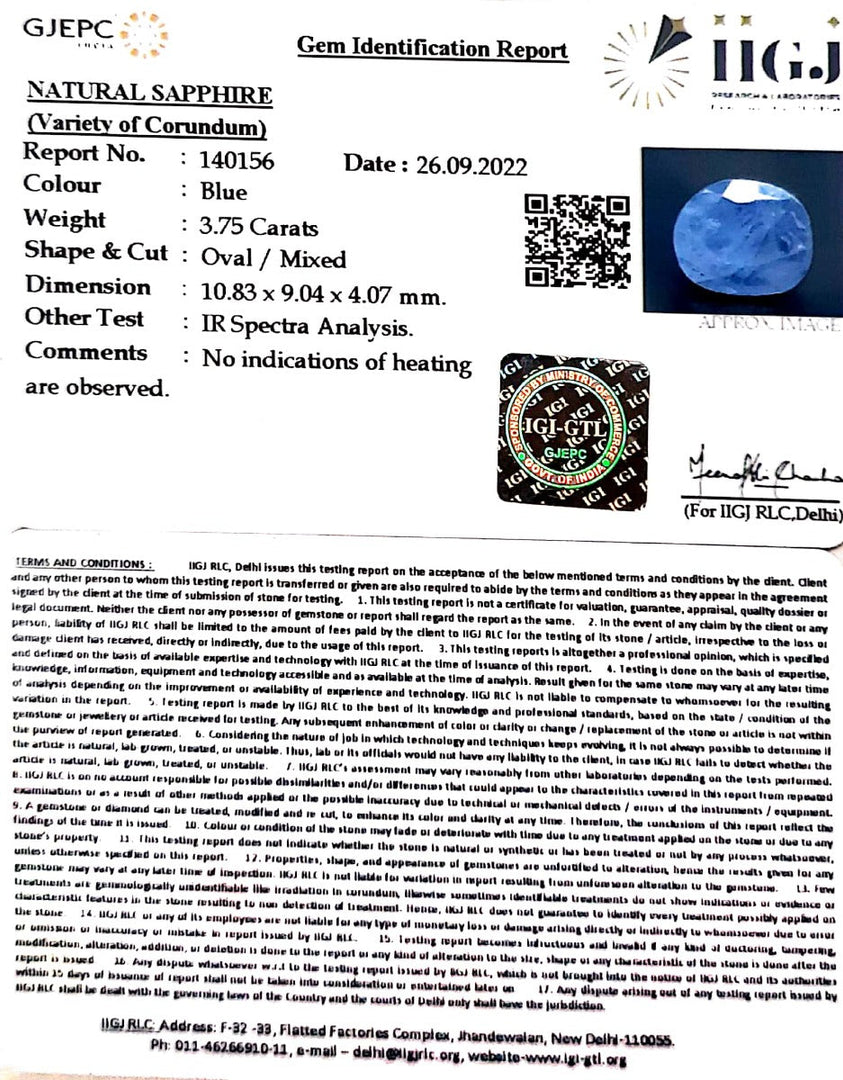 3.75/CT Natural Ceylonese Neelam with Govt Lab Certificate-BLUSA9S