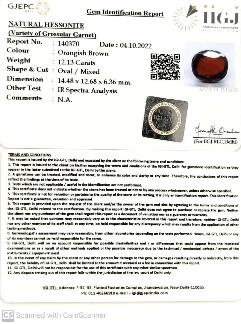 12.13/CT Natural Hessonite Stone with Govt. Lab Certificate-140370