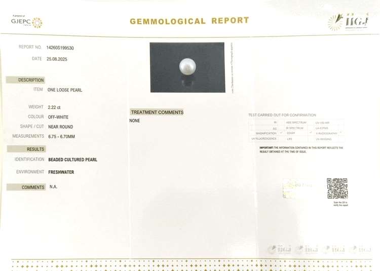 2.22/CT Natural Fresh Water Pearl With Lab Certificate - 14260S199530
