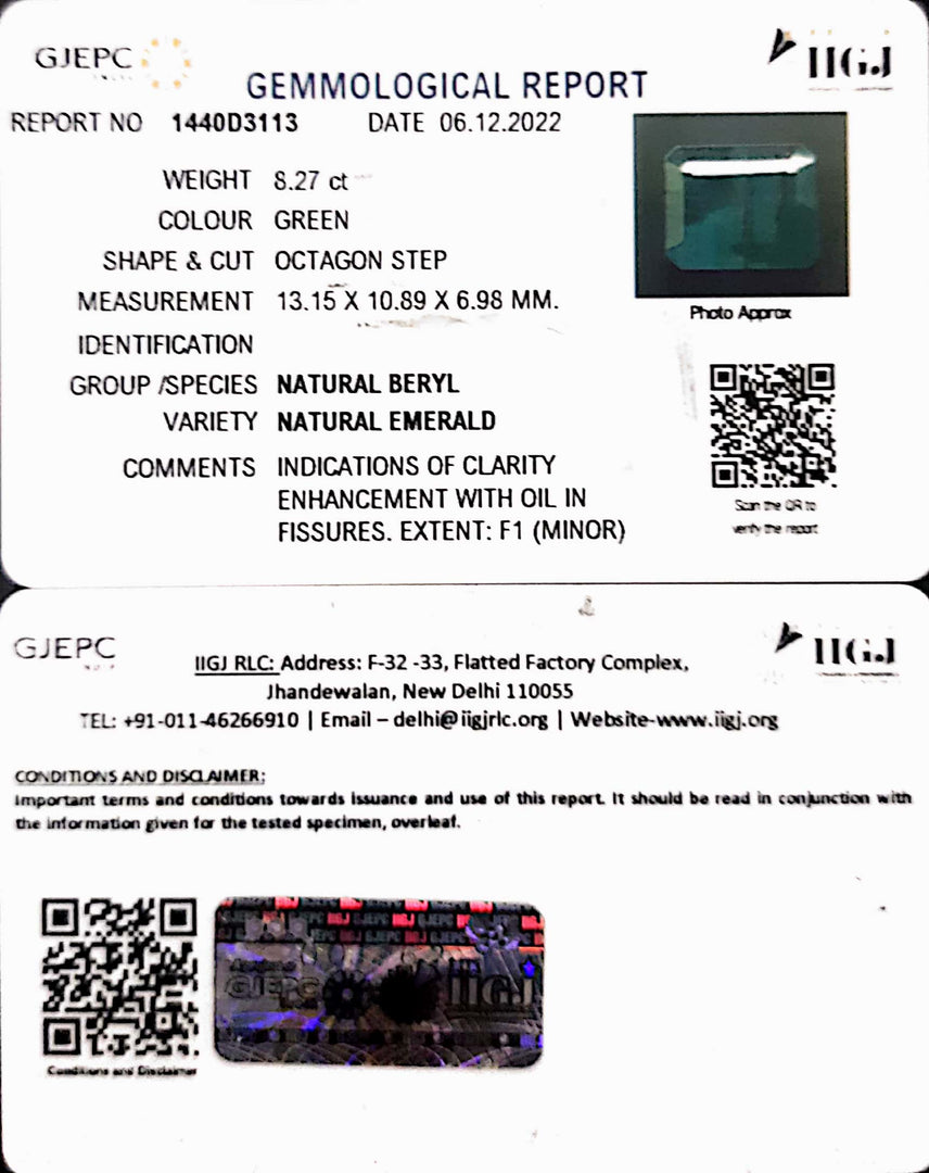 8.27/CT Natural Certified Emerald Gemstone -1440D3113