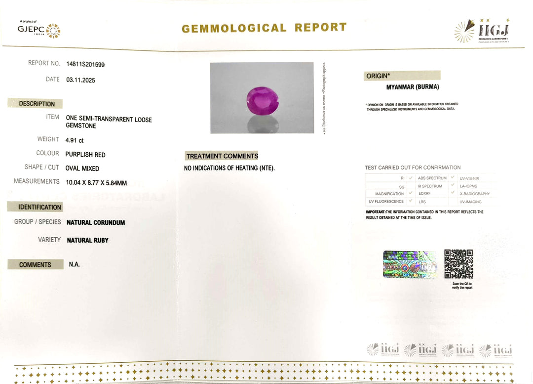 4.91/CT Natural Old Burma Ruby with IIGJ Govt. Lab Certificate (75000)