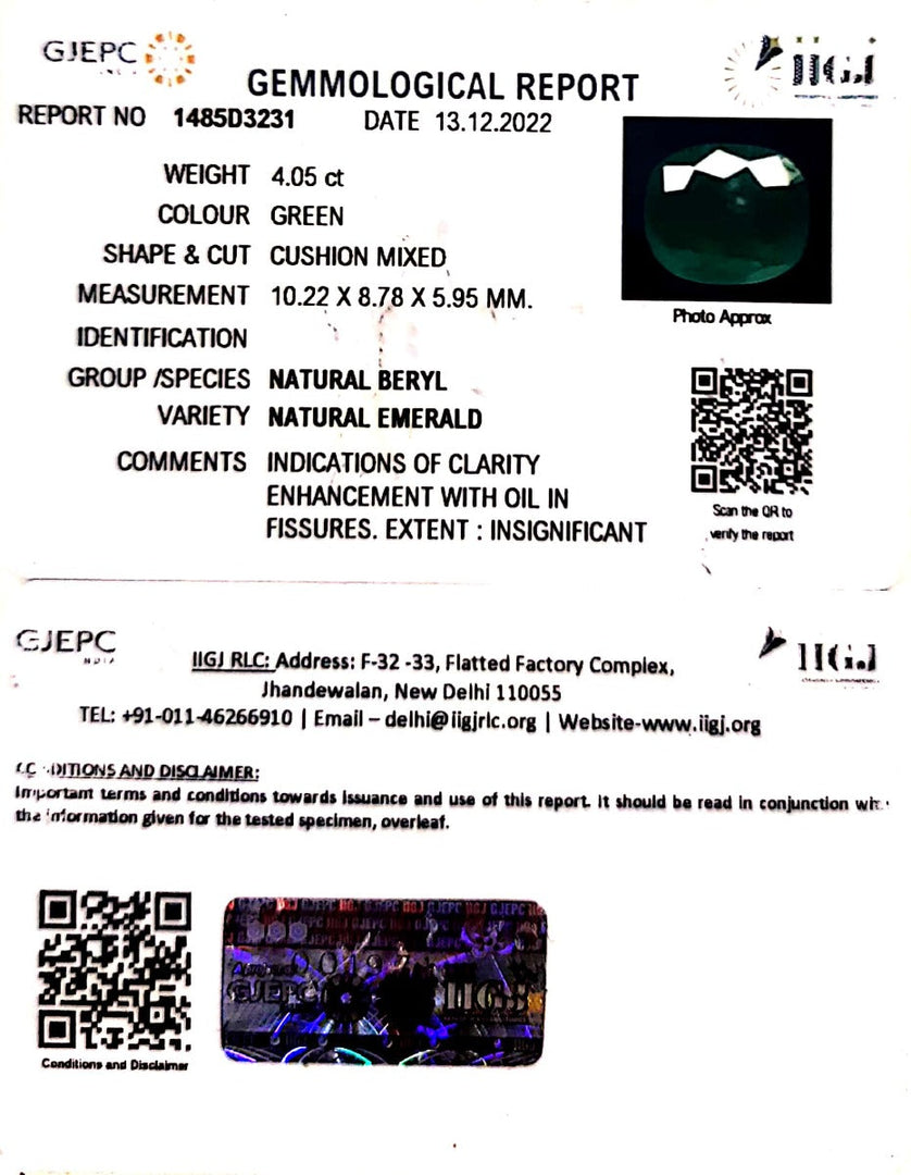 4.05/CT Natural Panna Stone with Govt. Lab Certificate (6771)