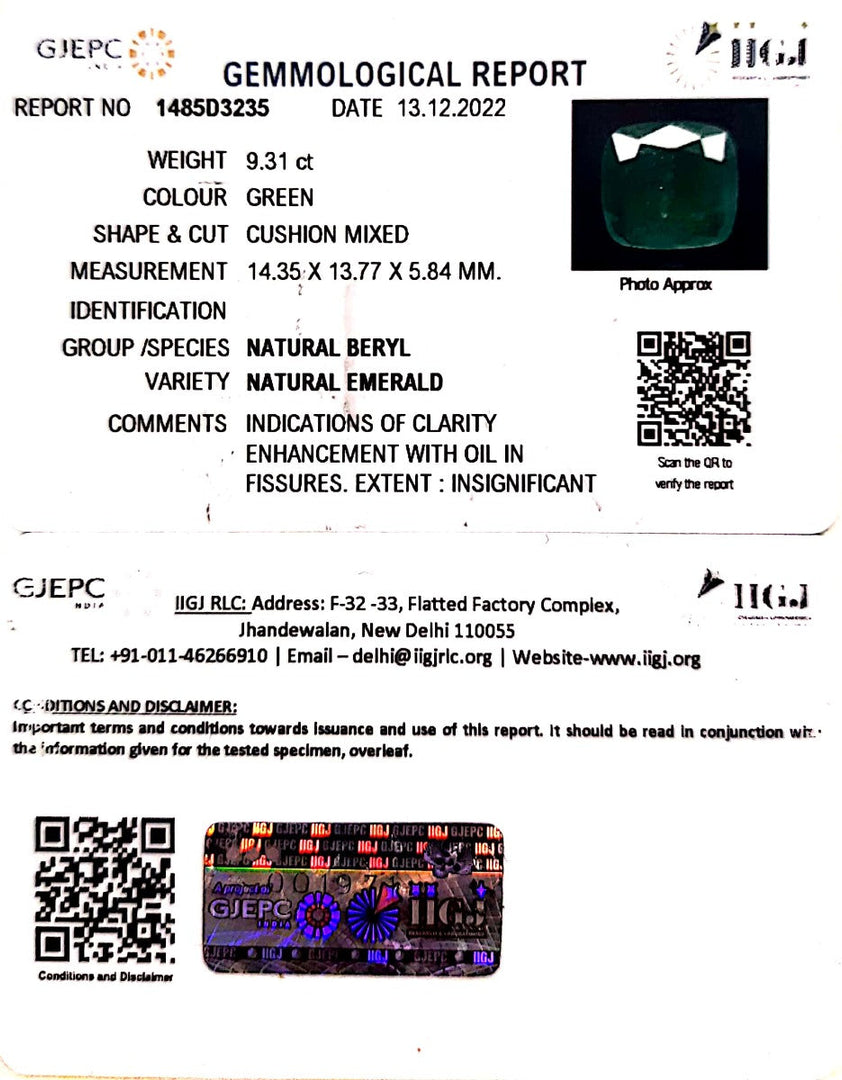 9.31/CT Natural Panna Stone with Govt. Lab Certificate (6771)