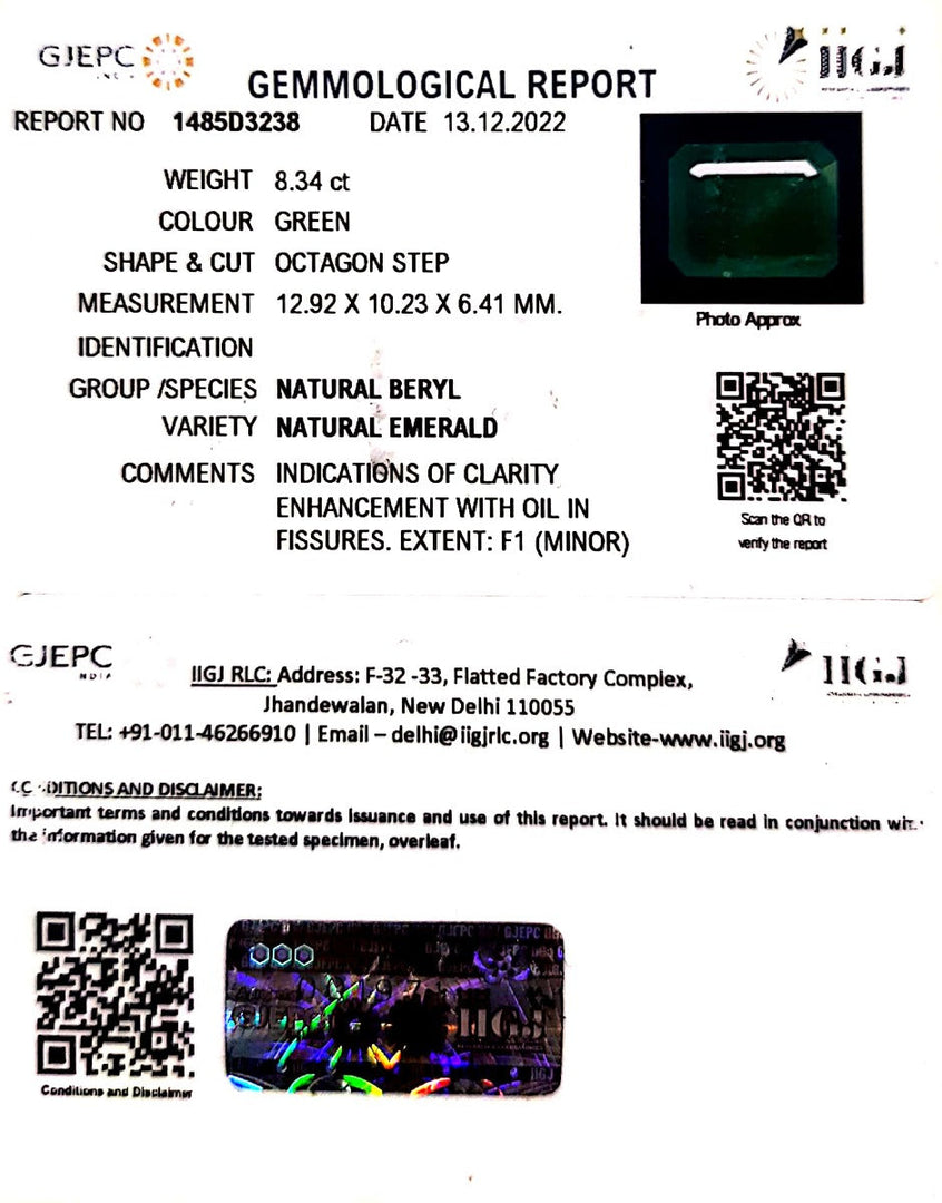 8.34/CT Natural Panna Stone with Govt. Lab Certificate (6771)