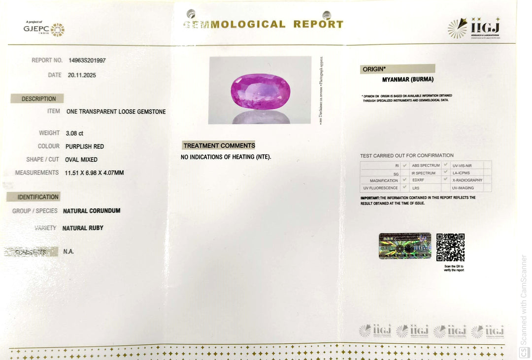 3.08/CT Natural Old Burma Ruby with IIGJ Govt. Lab Certificate-14963S201997