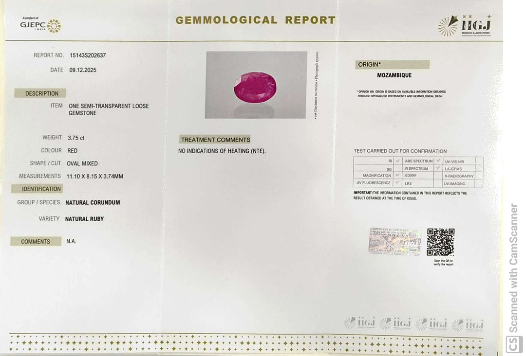 3.75/CT Natural Mozambique Ruby Stone with Govt. Lab Certificate-15143S202637