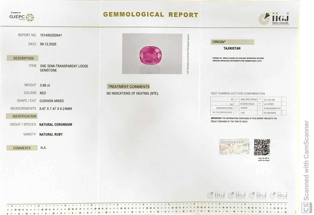 3.88/CT Natural Tajikistan Ruby Stone with Govt. Lab Certificate-15143S202641