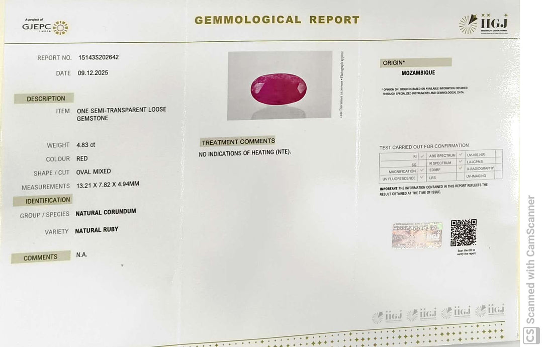 4.83/CT Natural Mozambique Ruby Stone with Govt. Lab Certificate-15143S202642