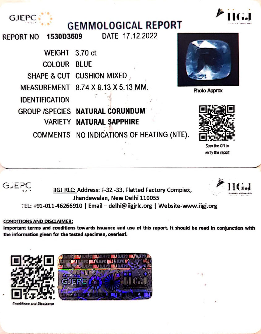 3.70/CT Natural Blue Sapphire with Govt Lab Certificate-BLUSA9U