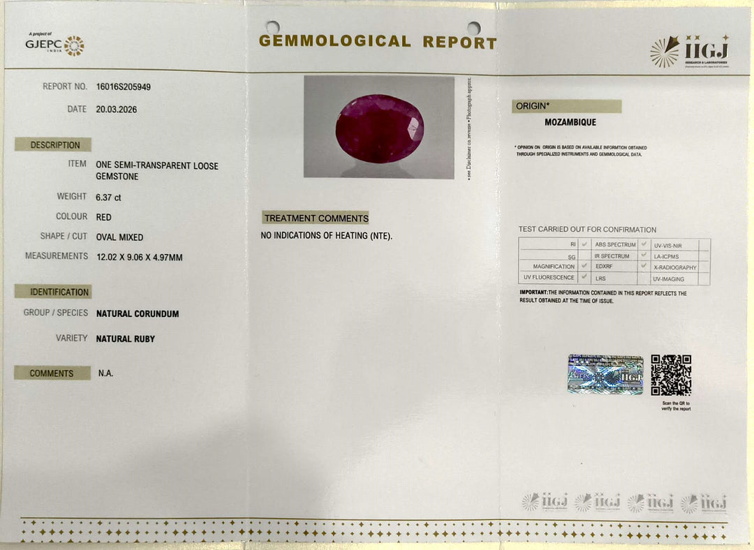 6.37/CT Natural Mozambique Ruby Stone with Govt. Lab Certificate-16016S205949