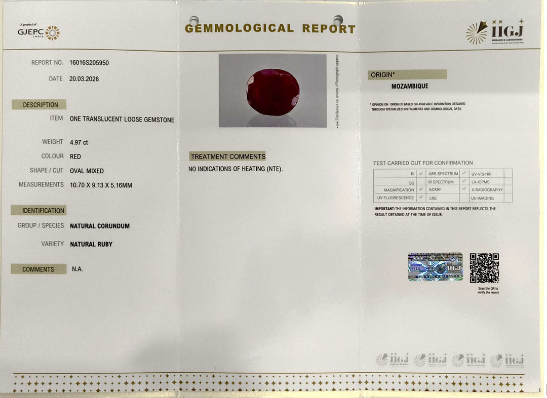 4.97/CT Natural Mozambique Ruby Stone with Govt. Lab Certificate-16016S205950