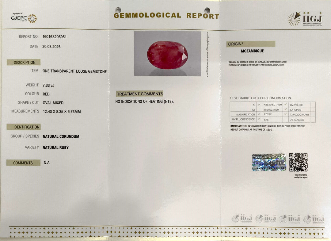 7.33/CT Natural Mozambique Ruby Stone with Govt. Lab Certificate-16016S205951