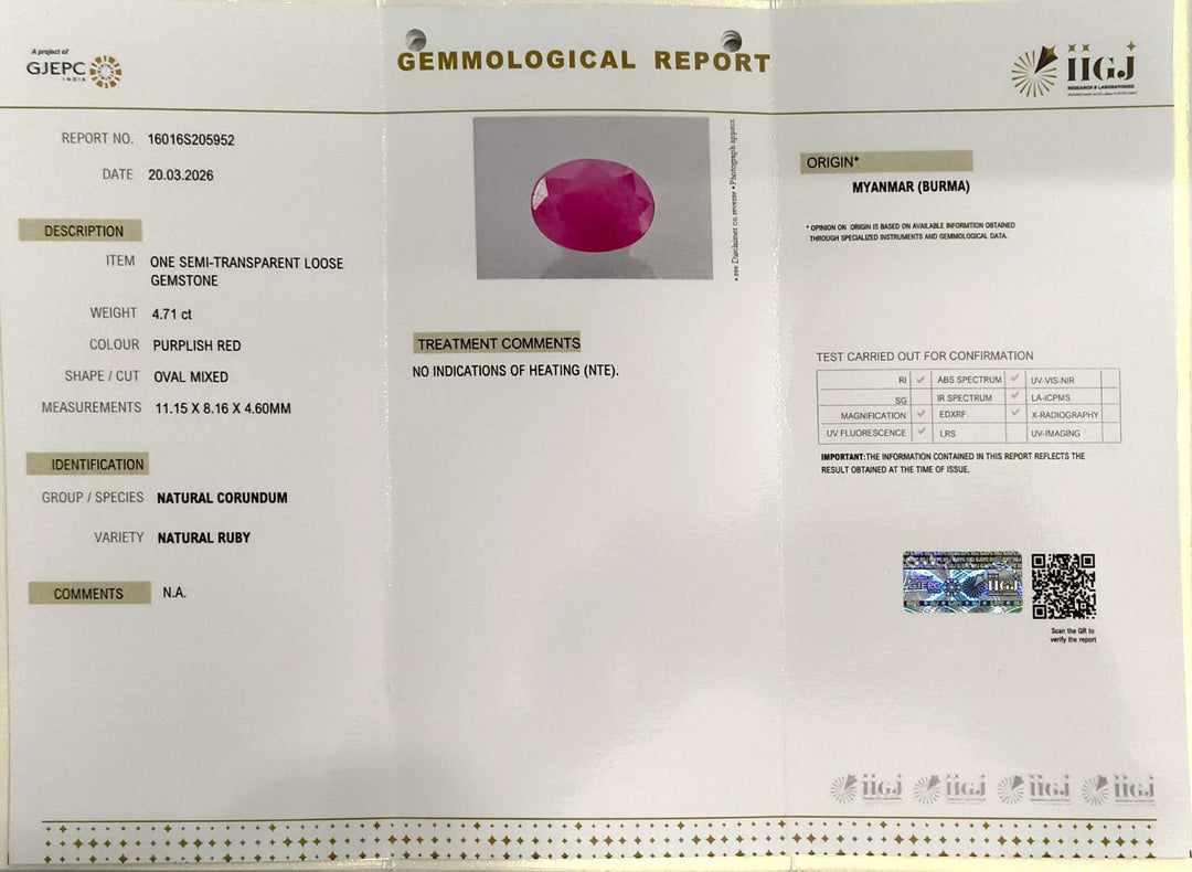 4.71/CT Natural Ruby Stone with Govt. Lab Certificate-16016S205952