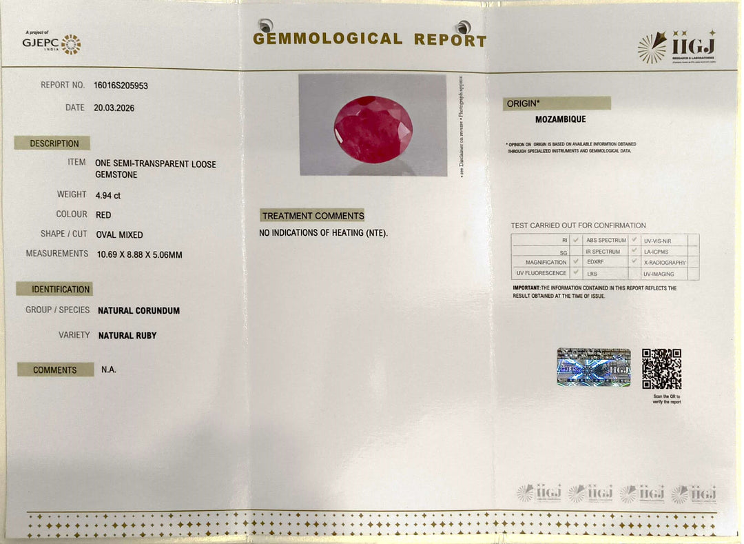 4.94/CT Natural Ruby Stone with Govt. Lab Certificate-16016S205953