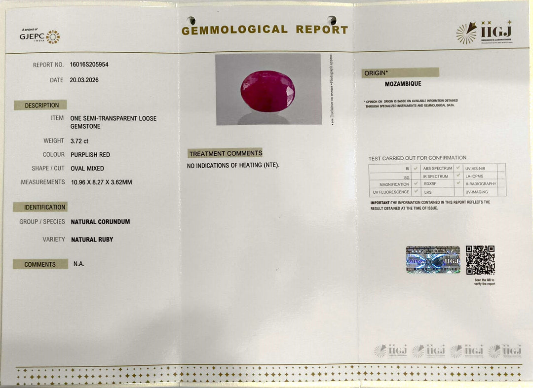 3.72/CT Natural Mozambique Ruby Stone with Govt. Lab Certificate-16016S205954