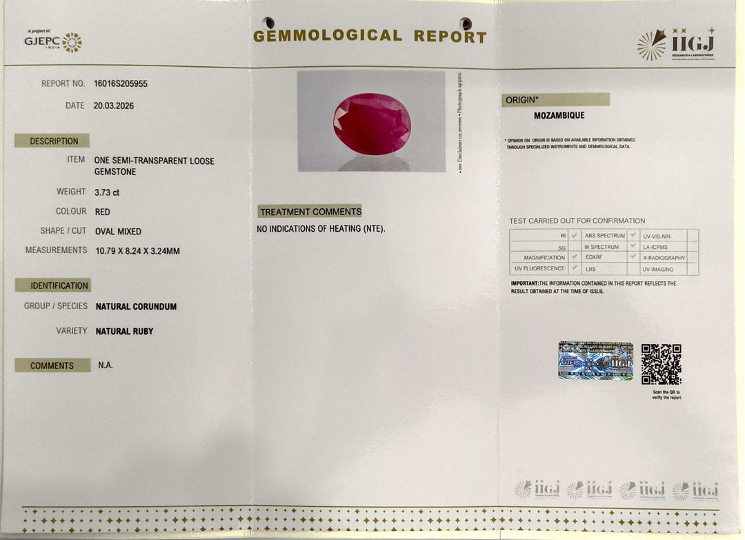 3.73/CT Natural Mozambique Ruby Stone with Govt. Lab Certificate-16016S205955