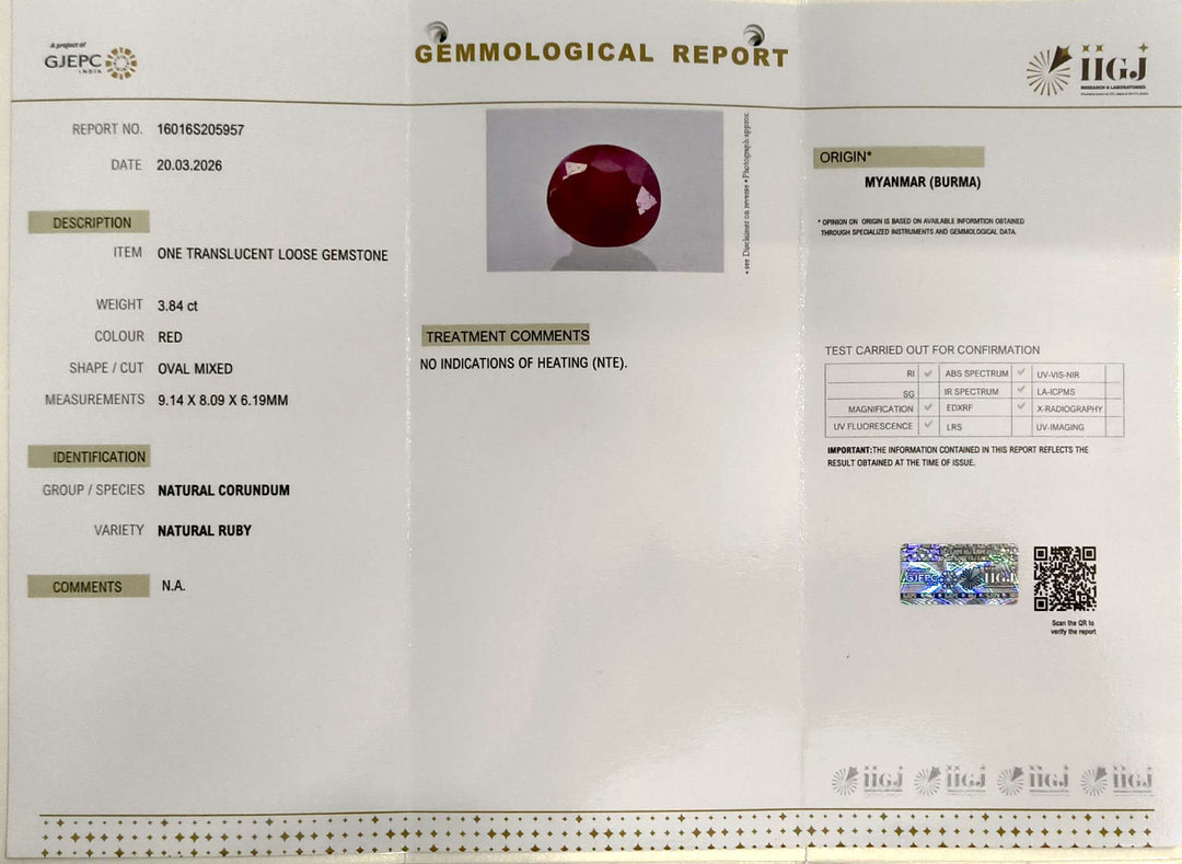3.84/CT Natural Ruby Stone with Govt. Lab Certificate-16016S205957