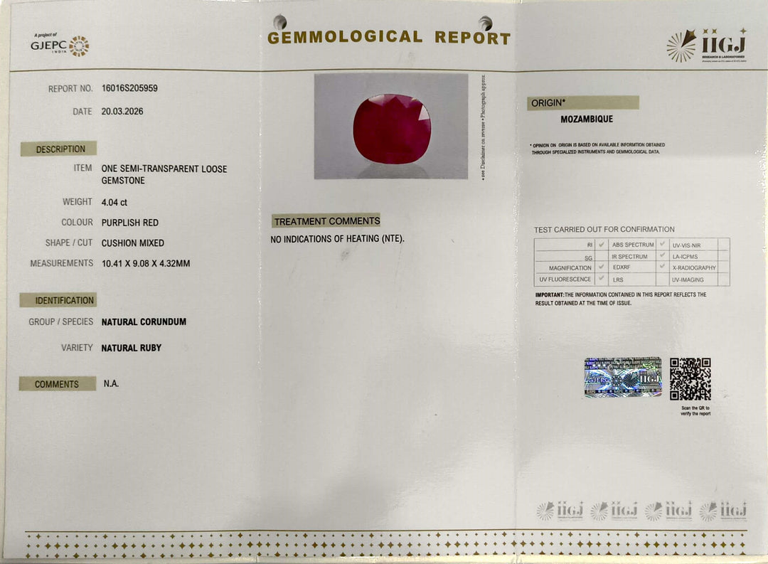 4.04/CT Natural Mozambique Ruby Stone with Govt. Lab Certificate-16016S205959
