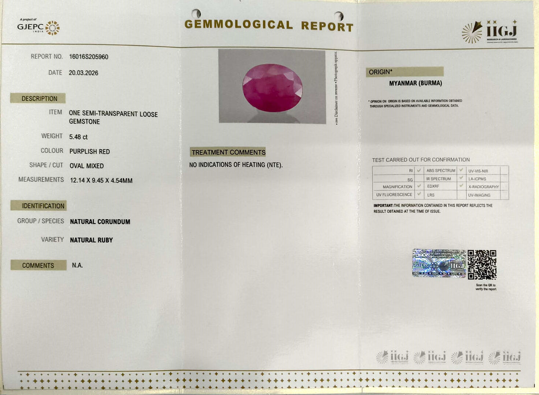 5.48/CT Natural Ruby Stone with Govt. Lab Certificate-16016S205960