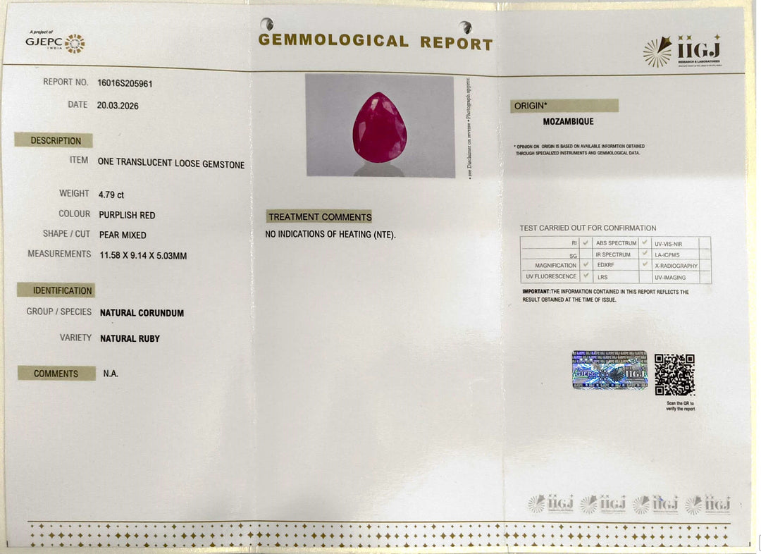 4.79/CT Natural Mozambique Ruby Stone with Govt. Lab Certificate-16016S205961