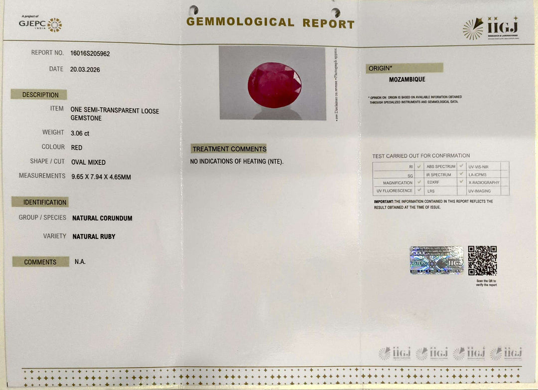 3.06/CT Natural Mozambique Ruby Stone with Govt. Lab Certificate-16016S205962