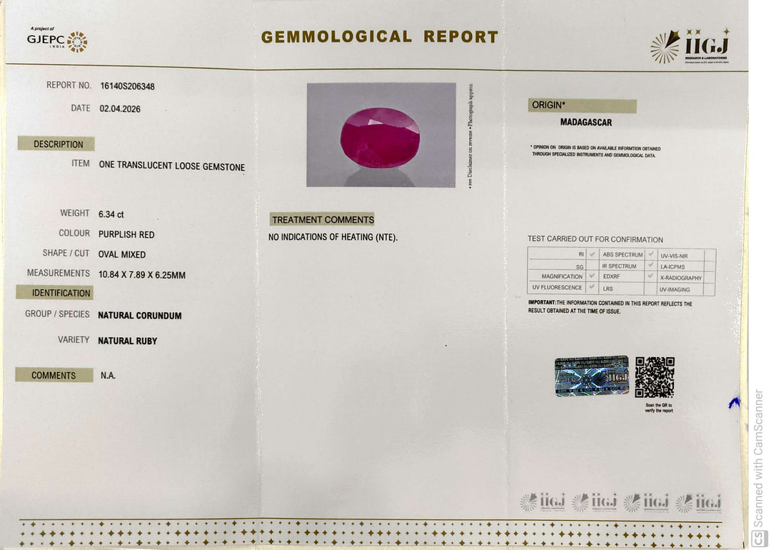 6.34/CT Natural Ruby Stone with Govt. Lab Certificate-16140S206348
