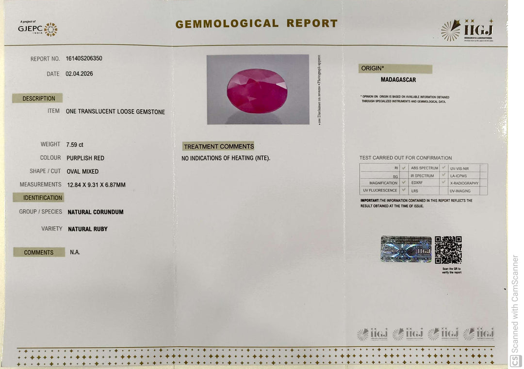 7.59/CT Natural Ruby Stone with Govt. Lab Certificate-16140S206350