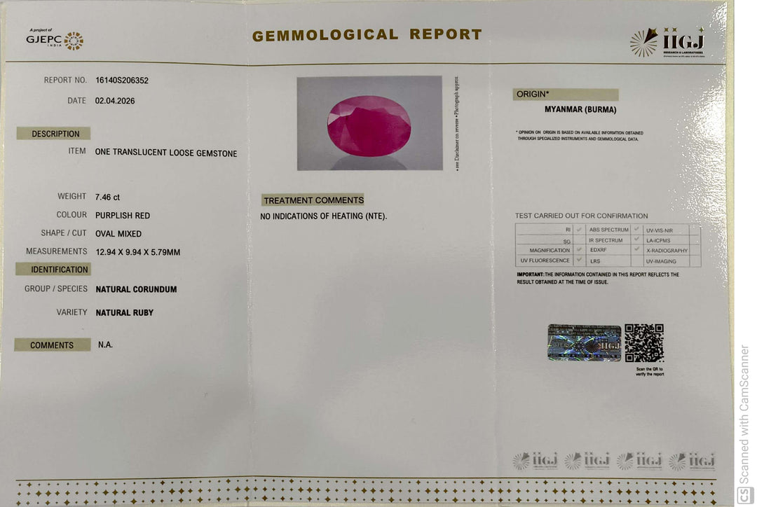 7.46/CT Natural Ruby Stone with Govt. Lab Certificate-16140S206352