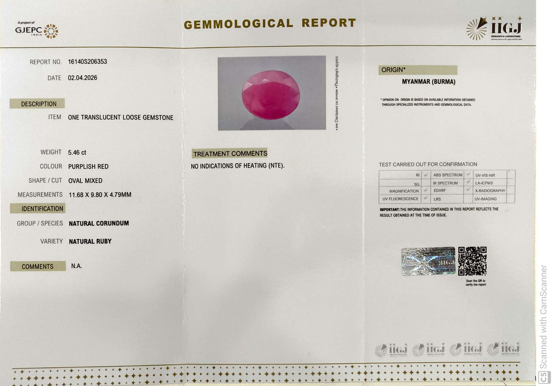 5.46/CT Natural Ruby Stone with Govt. Lab Certificate-16140S206353