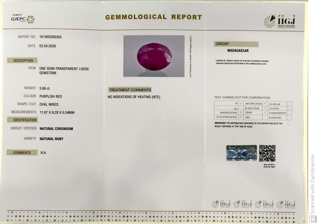 5.66/CT Natural Ruby Stone with Govt. Lab Certificate-16140S206355