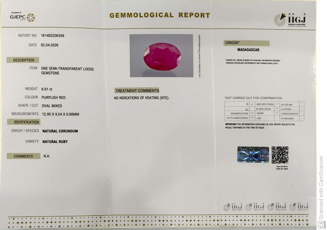 6.91/CT Natural Ruby Stone with Govt. Lab Certificate-16140S206358