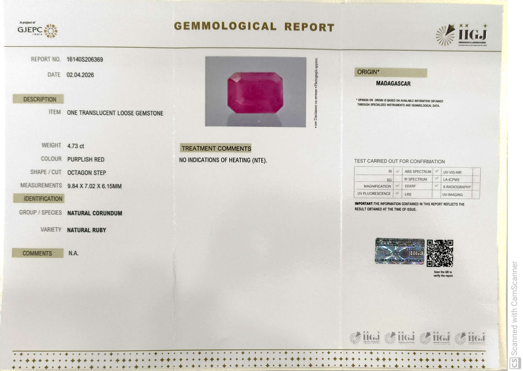 4.73/CT Natural Ruby Stone with Govt. Lab Certificate-16140S206369