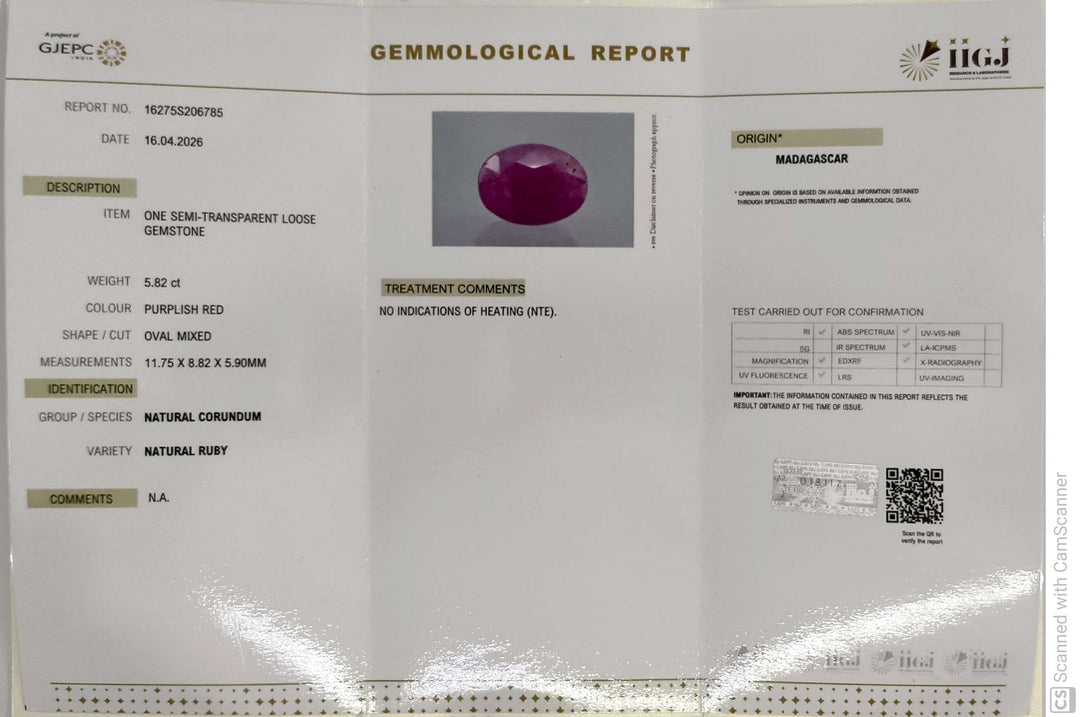 5.82/CT Natural Ruby Stone with Govt. Lab Certificate-16275S206785