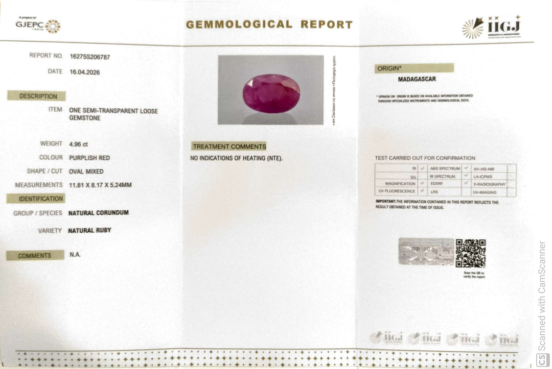 4.96/CT Natural Ruby Stone with Govt. Lab Certificate-16275S206787