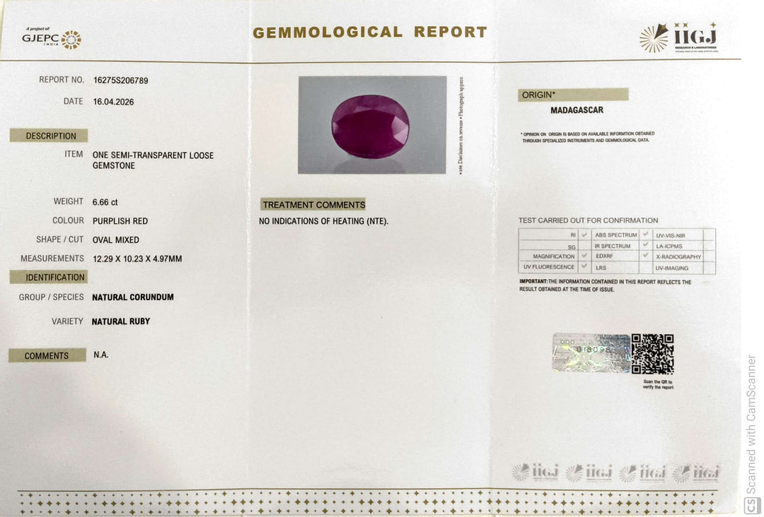 6.66/CT Natural Ruby Stone with Govt. Lab Certificate-16275S206789