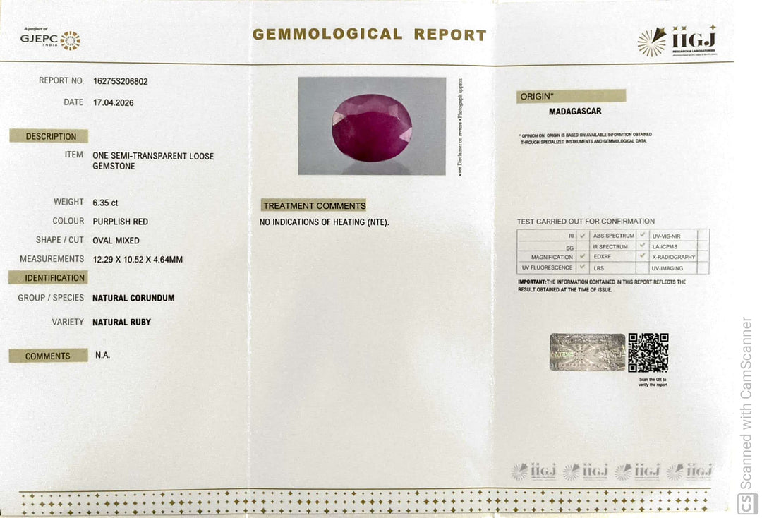 6.35/CT Natural Ruby Stone with Govt. Lab Certificate-16275S206802