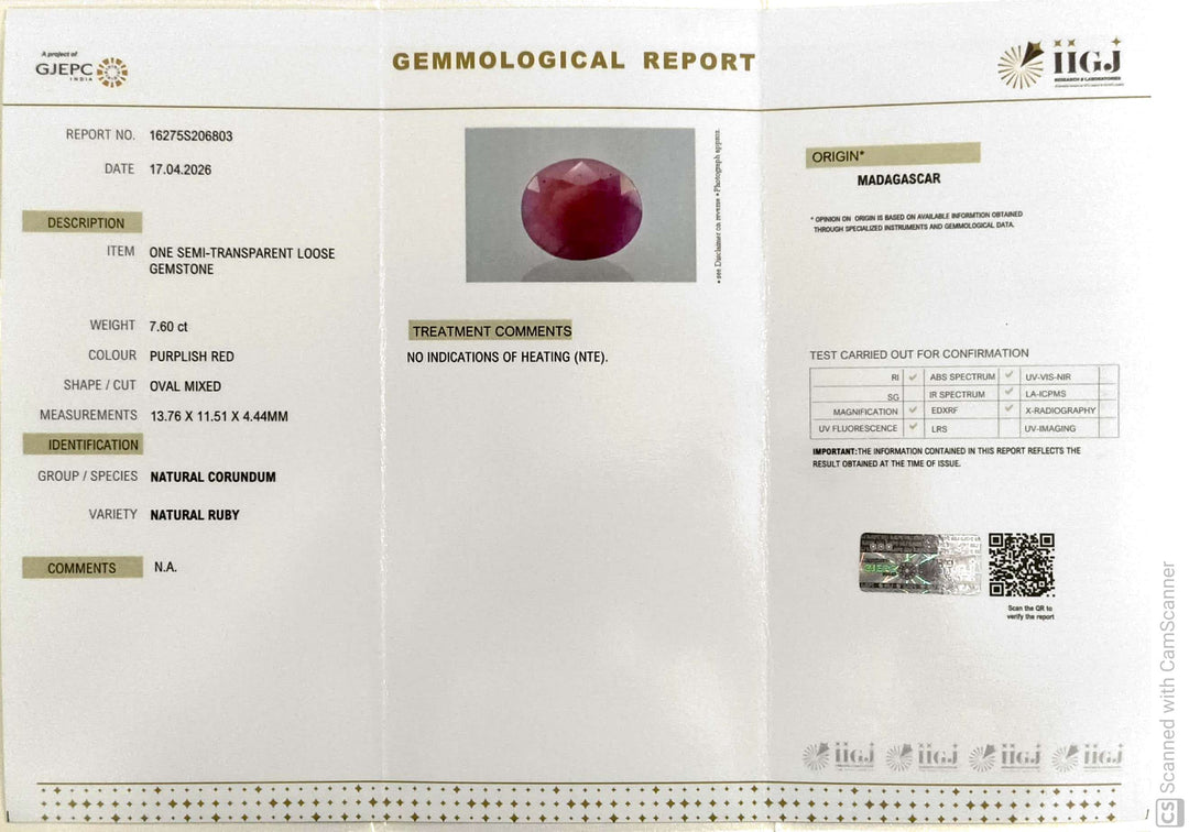 7.6/CT Natural Ruby Stone with Govt. Lab Certificate-16275S206803