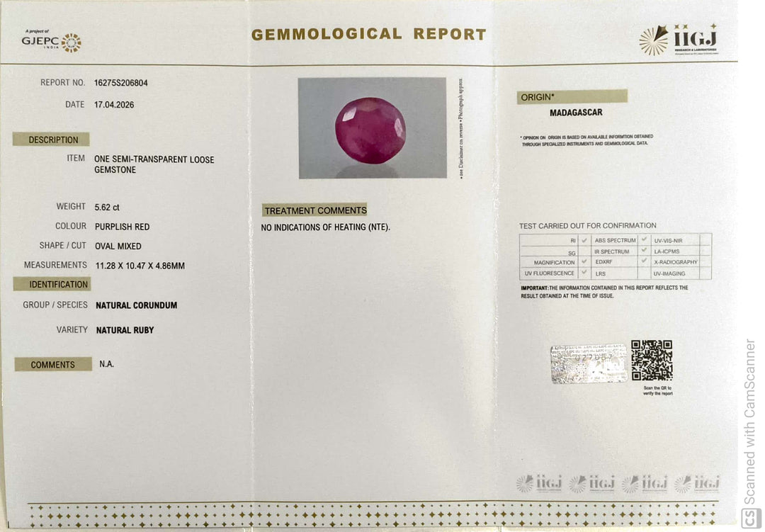 5.62/CT Natural Ruby Stone with Govt. Lab Certificate-16275S206804