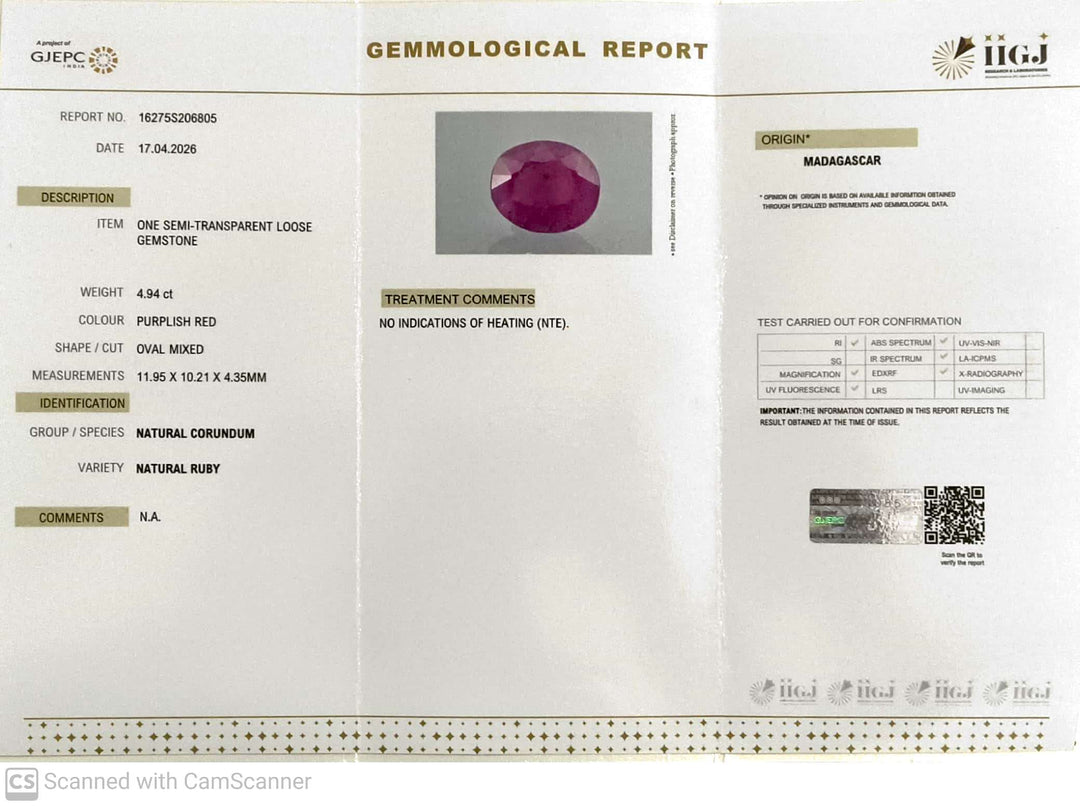 4.94/CT Natural Ruby Stone with Govt. Lab Certificate-16275S206805
