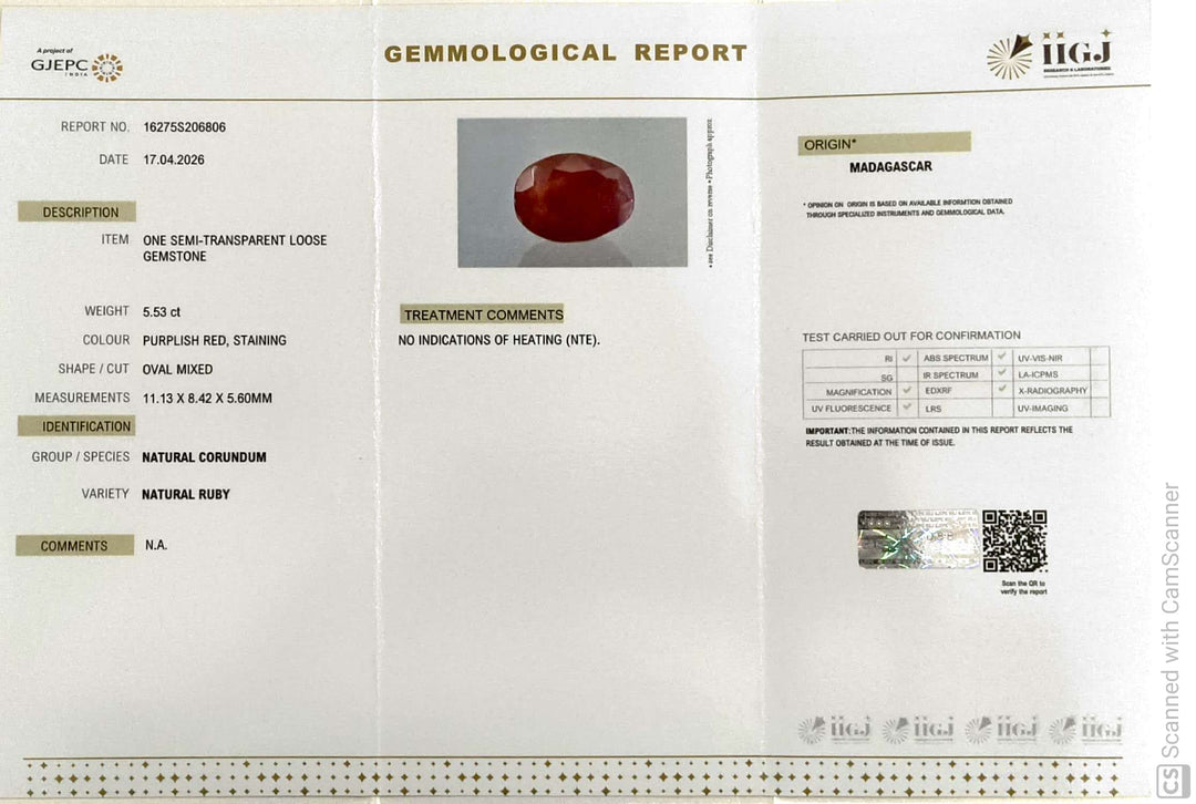5.53/CT Natural Ruby Stone with Govt. Lab Certificate-16275S206806