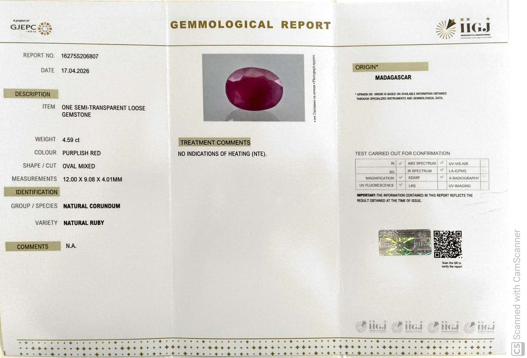 4.59/CT Natural Ruby Stone with Govt. Lab Certificate-16275S206807
